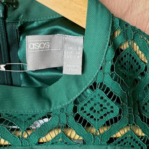 ASOS DESIGN Lace Insert Pleated Midi Skater Dress in Green - Picture 7 of 11